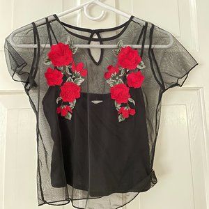 Hollister Sheer Black with Roses Top in XS